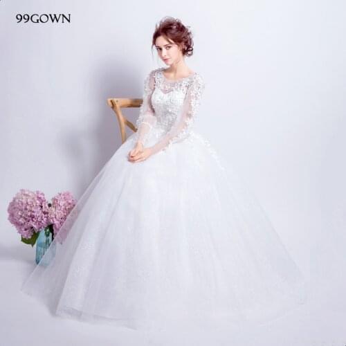 99GOWN Simple Wedding Dress 2019 Women A-Line Ball Gown Long Sleeve Wedding Gown Handmade Flower Beading Bridal Dress