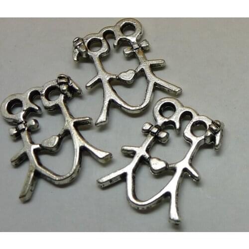 ALY 100pcs/lot Antique Silver Boy and Girls Simple Drawing Charms 16x20mm Simple Lover Pendant DIY Jewelry Findings