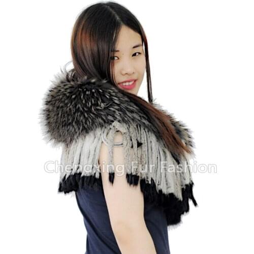 CX-B-60B Latest Fashion Design Real Ranch Raised Raccoon Exquisite Fur Collar Fur Shawl With Real Rabbit Tassels