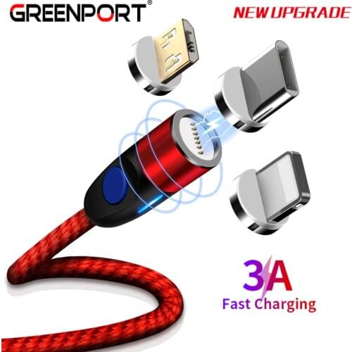 GREENPORT Round Magnetic Cable for iphone lightning xs 3A Fast Charging Type C Micro Usb Cord for Samsung S9 Mobile Phone Cables