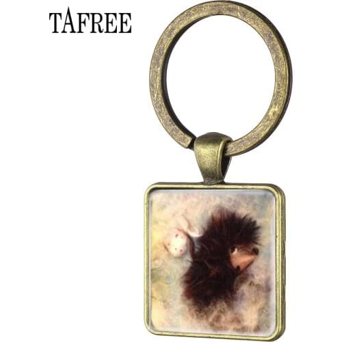 TAFREE Fashion Glass Square Keychains Lovely Animal Owl & Hedgehog Picture Key Chain Antique Bronze Plated Keyring Jewelry HF32