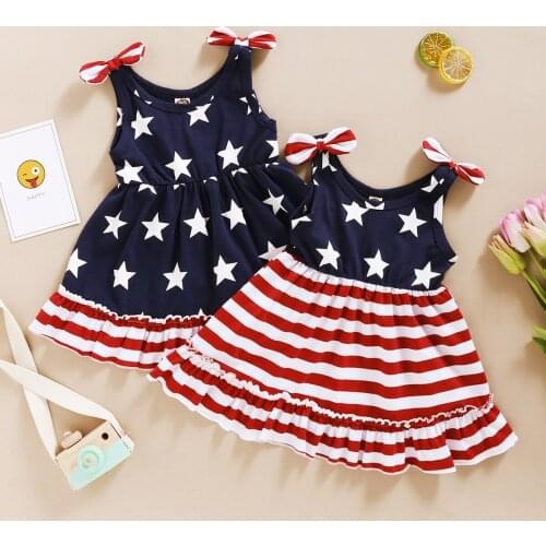 Girls Summer Sleeveless Dress of American Flag Striped Star Print Clothes