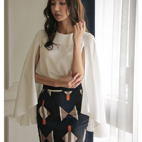 Fashion OL Cape Shawl Top Elegant Women White Chiffon Shirt Lady Pencil Skirt Summer