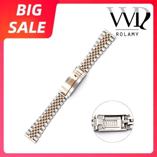 Rolamy 20 22mm Top Black Stainless Steel Wrist Watch band Bracelet Glide Lock Clasp For Rolex Omega Tudor Seiko Breitling Orient