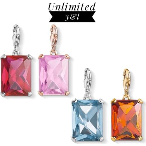Red/Pink/Blue/Orange Zircon Stone Charm Pendants Fit DIY Bracelets Necklace 925 Sterling Silver Jewelry Rose Gold Color Gifts