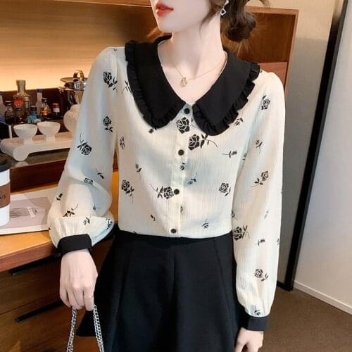 Chikichi Button Up Shirt Female Doll Collar Top 2021 Autumn New Fashion Sweet Printing Long-sleeved Chiffon Shirt Women Tops