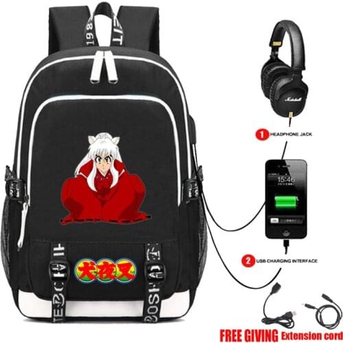Inuyasha Sit boy Sesshoumaru Book bag Rucksack Student School Bag For Boys Girls Travel Backpack USB Port Mochila Black Backpack