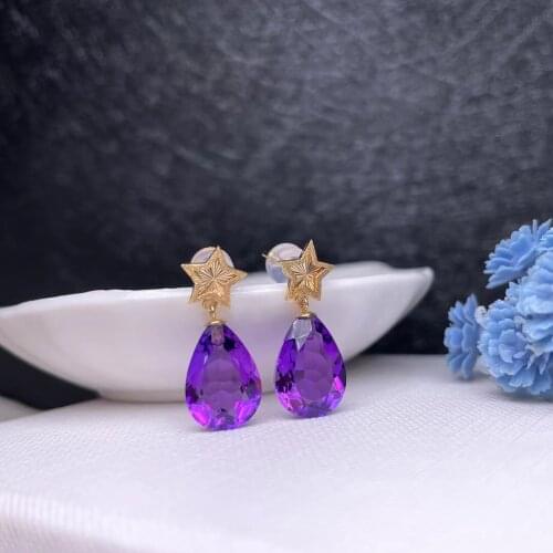 Shilovem 18K yellow Gold Piezoelectric Amethyst stud earrings fine Jewelry trendy gift new plant women 9*13mm myme0913611z