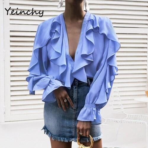 Yeinchy fashion women v neck long sleeve ruffles and folds Chiffon top FM6048