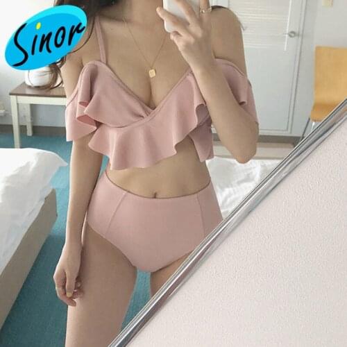 South Koreas New Online Celebrity Celebrity Inspired White Split Ruffles V-neck Pink Student High Waist Triangle