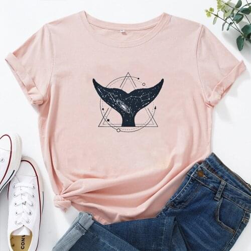 Fishtail Pattern T Shirt Women Short Sleeve Tee Women Cotton Fashion Tshirt Women Printed Casual Femme T-shirts Harajuku Top
