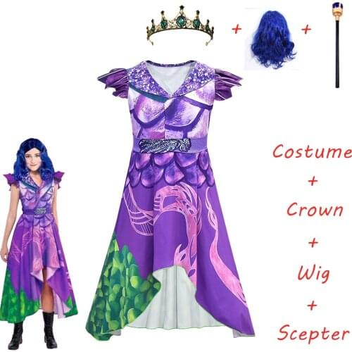 Women Descendants 3 evie Costume,Children Girls Purple Dress Costumes 3D Printed Kids adult Halloween party Masquerade clothes