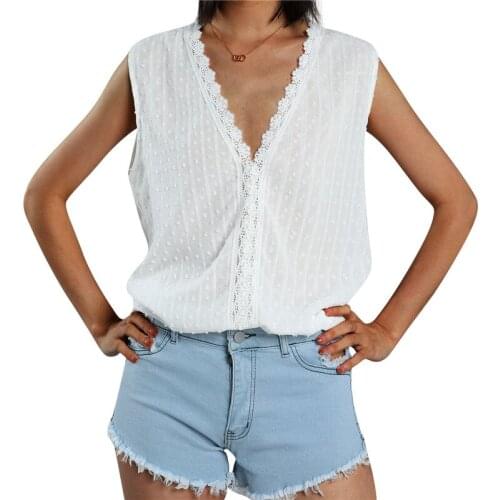 Women Summer Solid Color Lace Trim Tank Tops Sexy V-neck Sleeveless Casual Vest Summer Loose Camisole For Ladies