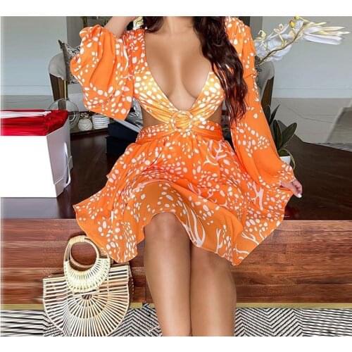 Dot Print V-neck Hollow-out Dress Women Sexy 2021 Summer new