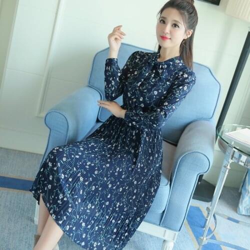 Fashion Korean Style 2021 Spring Printing Dress Women Chiffon Vintage Floral Long Sleeve Pleated Dress Women