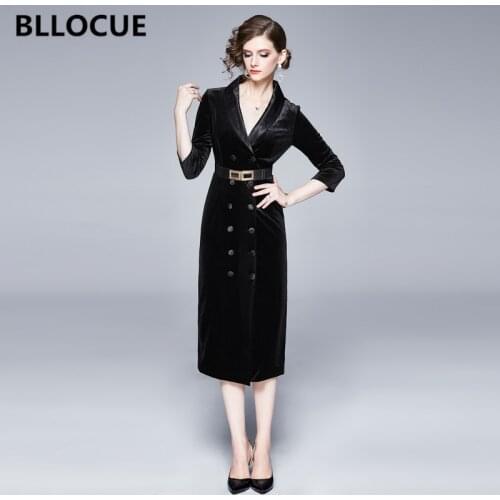 BLLOCUE 2020 Double-breasted With Belt Bodycon Dress Women Winter Velvet Dresses OL Office Slim Vintage Midi Dresses Vestidos