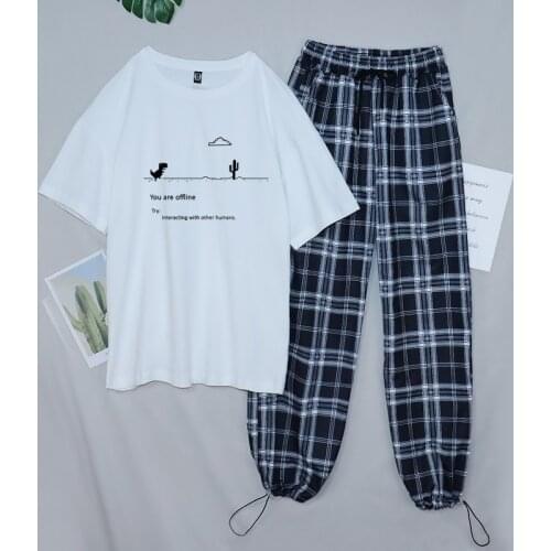 Sweat Pants Set for Women Track Suit Plaid Pants Women Wide Leg Loose Casual Outfits for Girls Dinosaur Harajuku Style T-shirts