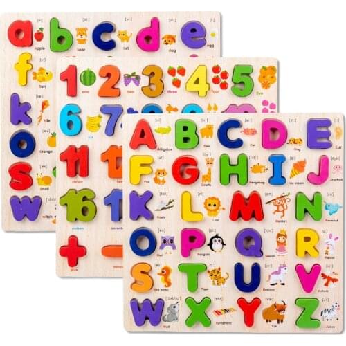 Cartoon Wood English Letters Puzzle 3D Digital Number Board Math Toy Kids Learning Toy Baby Wooden Educational Toys for Children