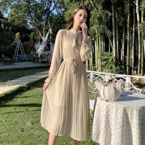 Elegant Korean Women Dress Spring Summer Bohemian Dot Pleated Chiffon Dress Long sleeve Loose Plus Size Dresses Beach Vestidoes