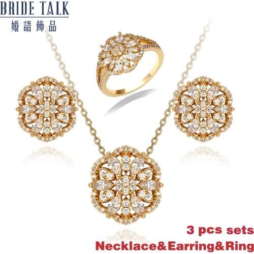 Bride Talk Fashion Wedding 3 PCS Flower Pendant Jewelry Set Cubic Zircon Gold-color Necklace Stud Earrings Ring For Women