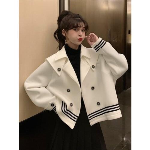 Spring and Autumn Plus Size Suit New Korean Temperament Navy Collar loose Stitching Casual Double-breasted Jacket Fashion Top
