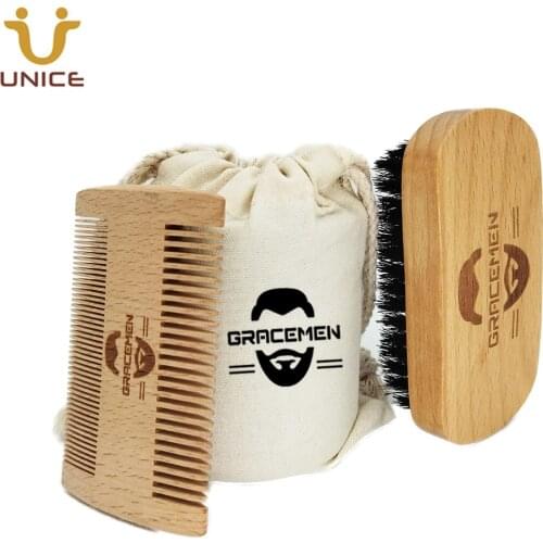 MOQ 100 Sets OEM Custom LOGO Beech Wood Beard Care Tools Set with Bag Mustache Beards Hair Brush and Dual Sided Comb