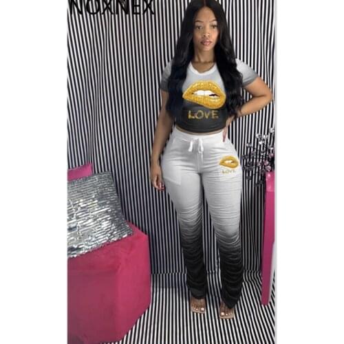 NOXNEX Women Sport Two Piece Set Love Lip Gradient T-shirt Tops Stacked Bell Bottom Flare Jogger Suit Tracksuit Matching Set