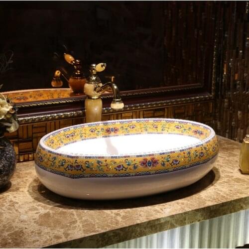 Oval shape chinese Jingdezhen Art Counter Top ceramic handmade vessel sinks Bathroom Wash Basin Ceramic