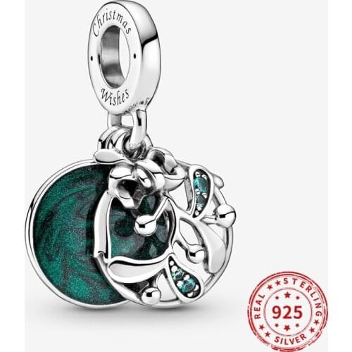 Real 925 Sterling Silver Charms Christmas Mistletoe Dangle Charm beads Fit Original Pandora Bead Bracelets Necklace Diy jewelry