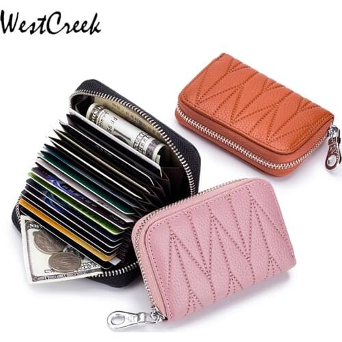WESTCREEK Brand Genuine Leather Cowhide Women RFID Blocking Zipper Card Holder Men Minimalist Travel Wallet Organ Creditcard Bag