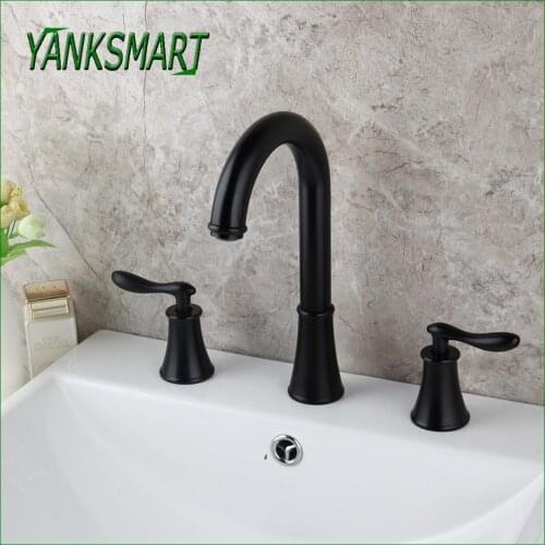 YANKSMART Matte Black Bathroom Faucet Deck Mounted Basin Sink Faucets 3 Hole Double Handle Hot And Cold Mixer Water Tap