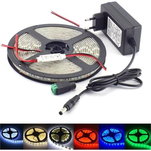 DC12V 5050 LED Strip Light Strips 5M ledstrip DC 12V 3A power adapter + mini 3 key controller Set 60LED white Tape for TV home