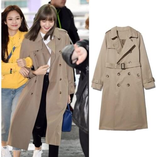 Kpop Korean Celebrity New Fashion Women Long Trench Double-Breasted Belt Outerwear Lady Autumn Elegant Coat Female Windbreaker