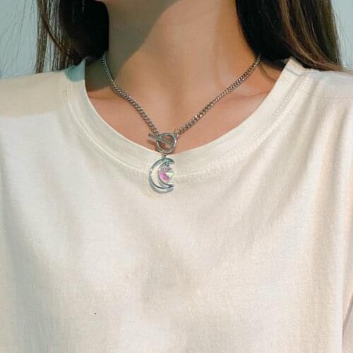 U-Magical Japanese Hollow Out Moon Love Heart Crystal Pendant Necklace for Women Sweet Metal Chain Toggle Clasp Necklace Jewelry