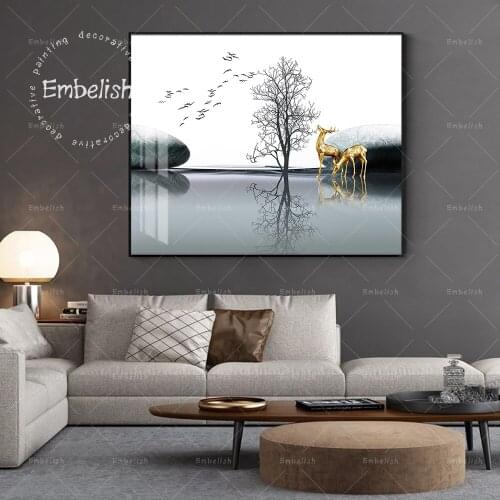 Embelish Stone And Deer On The Lake Modern Landscape Wall Art Pictures For Living Room Home Decor Posters HD Prints Paintings