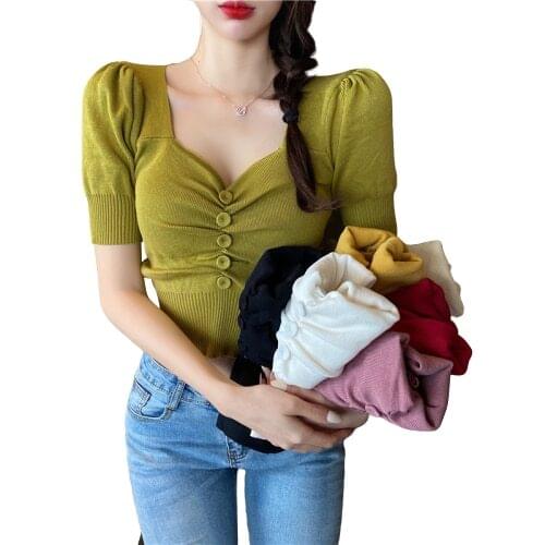 Vintage Puff Short Sleeve V-neck Knitted T-shirts Girls Sexy Buttons Solid Stretchy Crop Tops Thin Knitwear For Women Summer