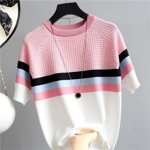 Plaid O-Neck T Shirt Women Tshirt Contrast Color Knitted 2021 Summer Top T-Shirt Woman Clothes Tee Shirt Femme Mujer Y315