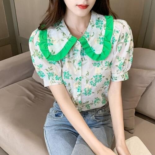 Women Tops Summer Doll Collar Shirt Women Embroidered Puff Sleeve Shirt Top Blusas Feminine Blouses