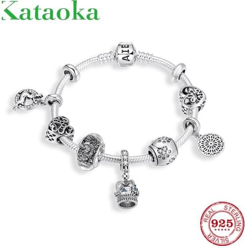 Top quality 925 Sterling Silver Crown Charm pendant Bracelet & Bangle with Love Glass Beads Women Wedding ANNIVERSARY Jewelry