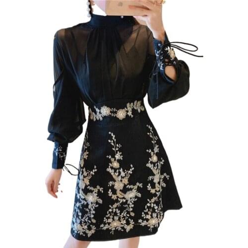 New Runway Brand Suit Women Elegant Bowknot Collar Chiffon Blouse Shirt Top + Beading Embroidery Flowers Skirt Two Piece Set