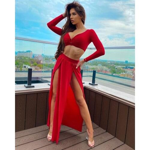 Women Matching Sets Deep V Neck Long Sleeve Crop Top High Waist Split Skirts Bathing Streetwear Dress Sets