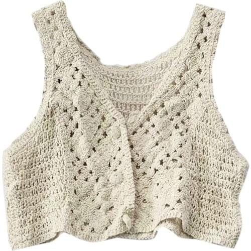 Women Crochet Knitted Sleeveless Crop Top Vest Floral Lace V-Neck Button Down Vintage Waistcoat Casual Slim Mini Cardigan Q1FA