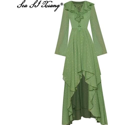 Seasixiang Fashion Designer Autumn Long Dress Women Lace Up V-Neck Ruffles Flare Sleeve Bohemian Asymmetrical Maxi Dresses