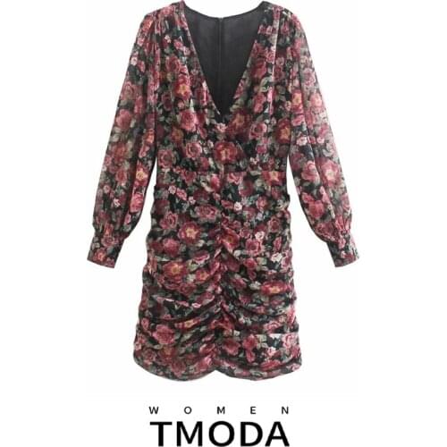 TMODA1248 Women 2021 Chic Fashion Floral Print Pleated Mini Dress Vintage Long Sleeve Back Zipper Female Dresses Vestidos Mujer