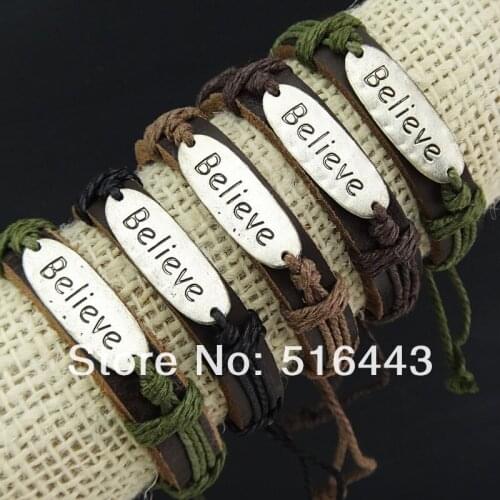 2017 New Style 6pcs Wholesale Fashion Jewelry Lots Leather Antique Silver Believe Women Mens Bracelets Bangles A-776