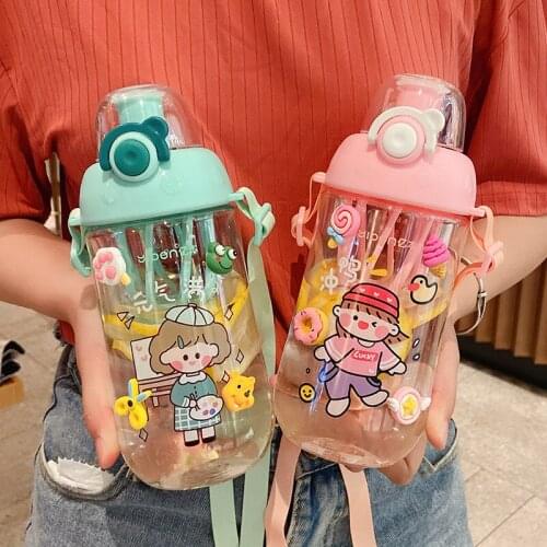 680 ML Kawaii Kids Plastic Water Bottle for School Girls Large Capacity Portable Sport Bicycle Anti-fall Drink Bottle With Strap