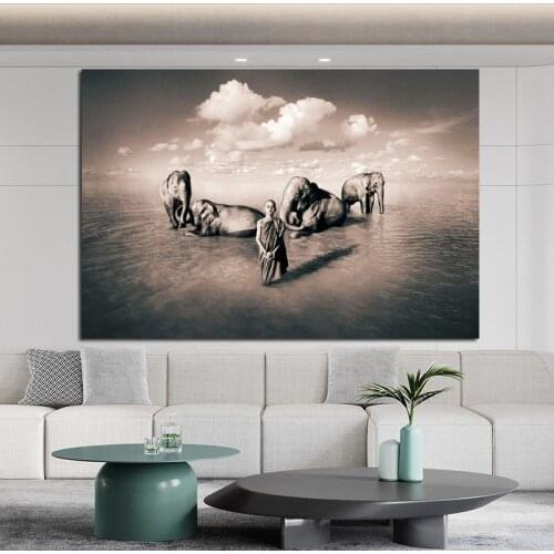 Buddha Human and Nuture Zen Elephant Religion Art Canvas Painting Wall Picture For Living Room photo print Home Decor