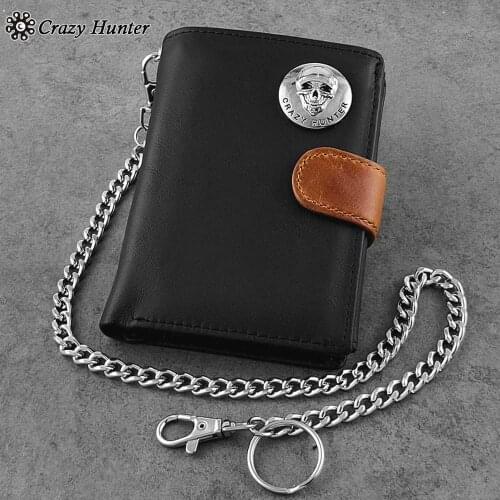 Skull Conchos Man Biker Genuine Leather Snap Card Holder Wallet with chain