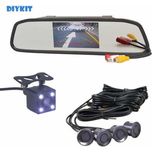 DIYKIT Video Parking Radar 4 Sensors 4.3" Car Mirror Monitor + 4 x LED Car Rear View Camera Parking Assistance System