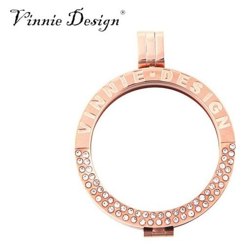 Vinnie Design Jewelry Deluxe Pendant with Half Clear Crystal 35mm Stainless Steel Coin Holder Necklaces & Pendants